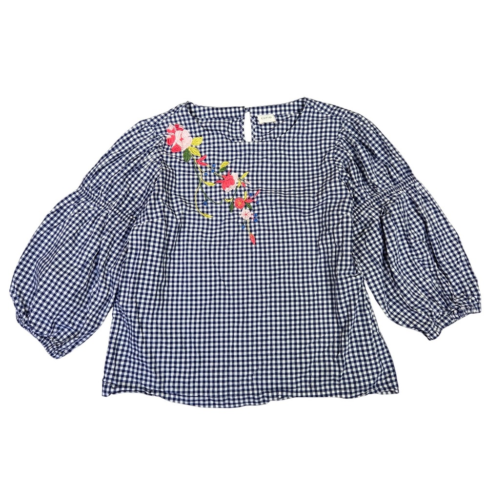 Cupio Womens Navy Blue Gingham Floral Embroidered Puff Sleeve Cotton Blouse